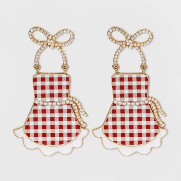 NWT Sugarfix By Baublebar Checkered Apron Drop Earrings Flour Power Red Gingham - Picture 1 of 8